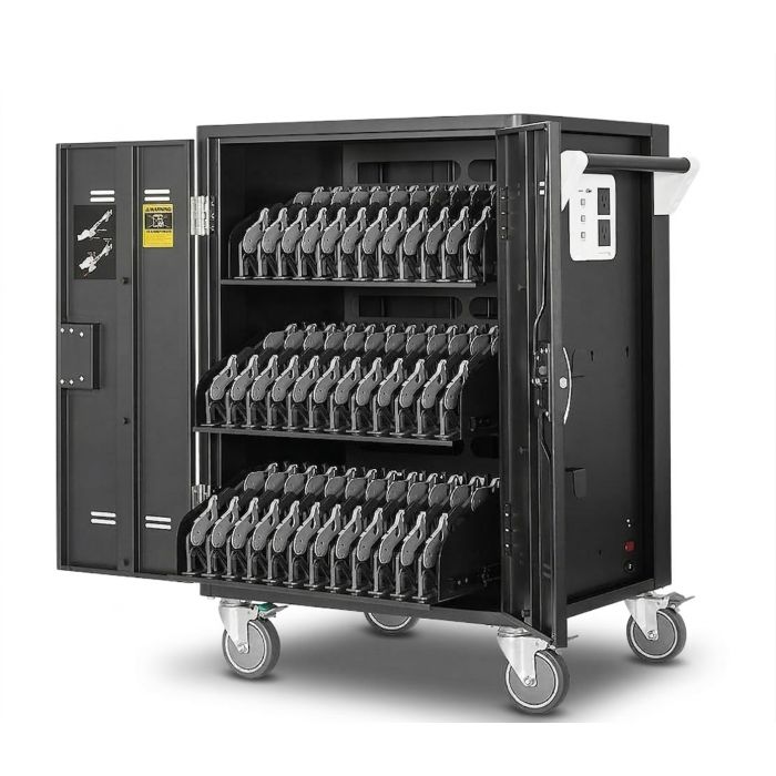 Offener AVer C36i+ AC Laptop-Ladewagen mit sichtbaren Ladefächern für 36 Geräte bis 15 Zoll.