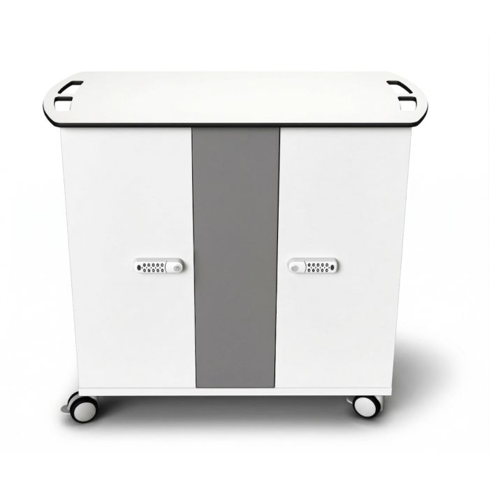 Vorderansicht des Zioxi onView2 Chromebook-Ladewagens mit digitalem Codeschloss und Rädern für Mobilität.