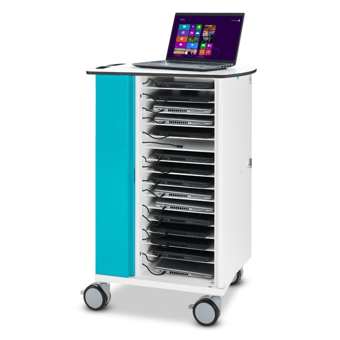 Seitenansicht des Zioxi onView2 Laptop-Ladewagens mit offenen Fächern für 16 Laptops und einem RFID-Schloss.