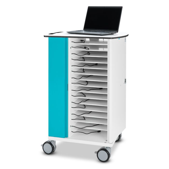 Seitenansicht des Zioxi Laptop-Ladewagens mit offenen Fächern und sichtbaren Ladekabeln für 16 Laptops.