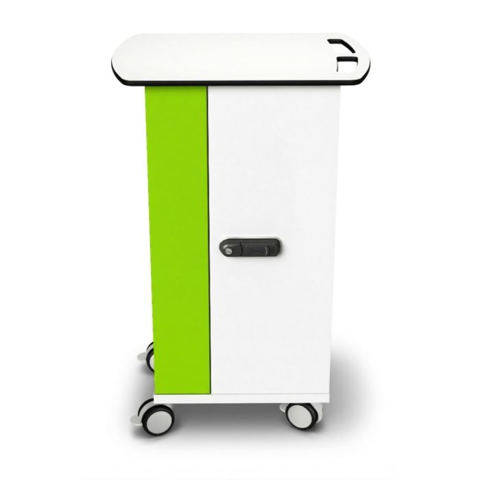 Seitenansicht des Zioxi iPad-Ladewagens mit grün-weißem Design und RFID-Schloss.