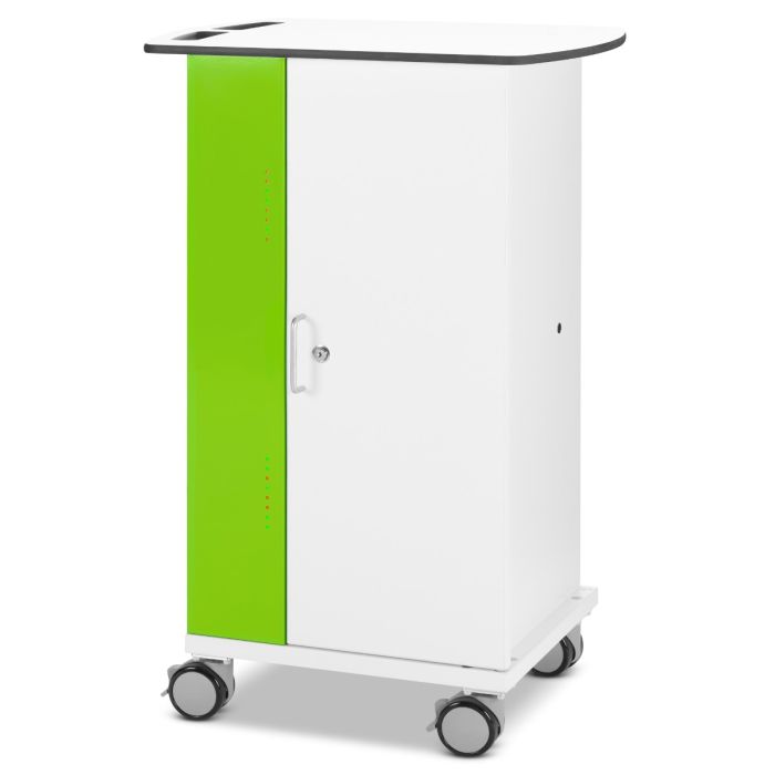 Zioxi iPad USB-C-Ladewagen mit grüner Tür und Rädern, in geschlossener Position, sichtbarer Tastensperre und Ladeanzeigen.