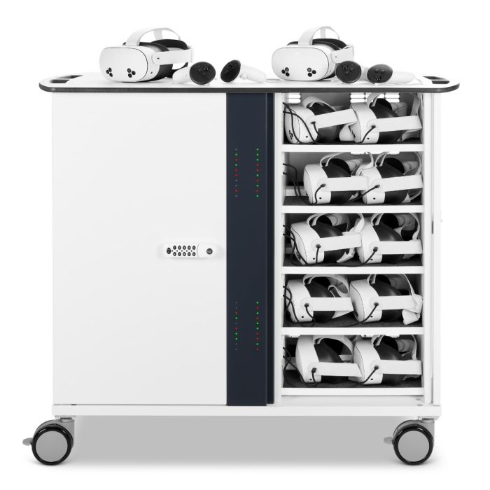 Vorderansicht des Zioxi onView2 VR-Headset-Ladewagens mit 40 VR-Headsets und digitalem Codeschloss.