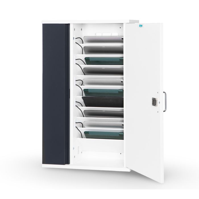 Offener Zioxi Tablet-Wandschrank für 10 Tablets mit sichtbaren Ladefächern und Tastenschloss