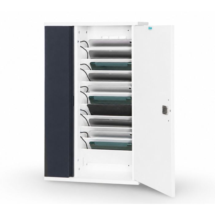 Geöffneter Zioxi Tablet-Wandschrank für 10 Tablets mit sichtbaren Ladefächern und RFID-Schloss zur sicheren Verwaltung mobiler Geräte.