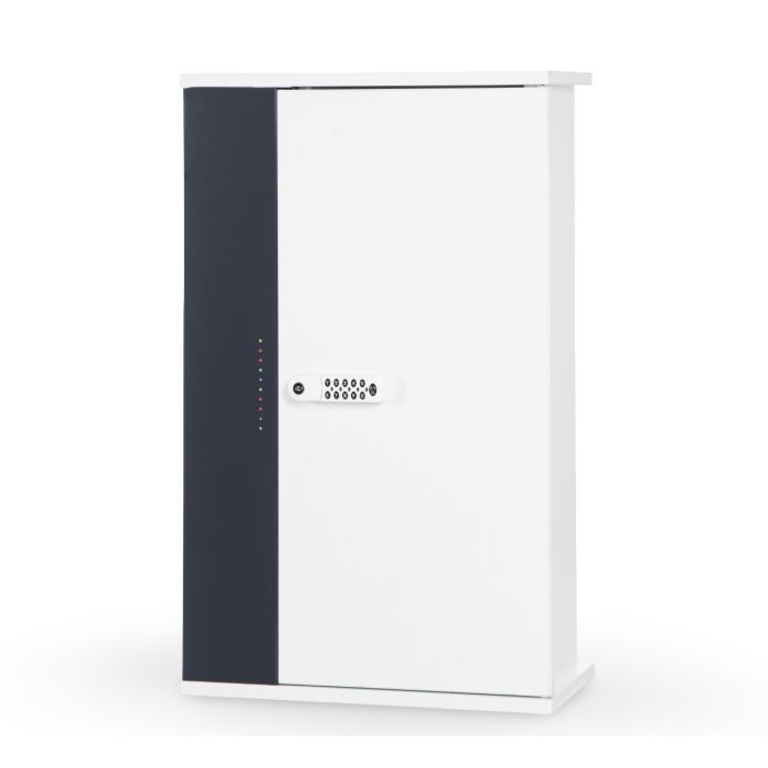 Vorderansicht des Zioxi iPad-Wandschranks mit digitalem Codeschloss und geschlossener Tür zur sicheren Aufbewahrung von 10 iPads.