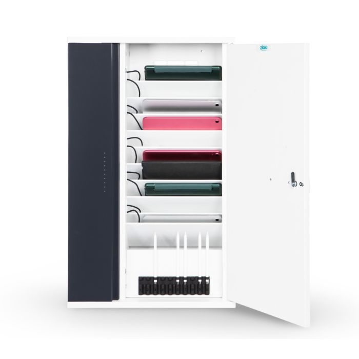 Offener Zioxi-Wandschrank für 10 iPads mit USB-C-Kabeln und Aufbewahrungsfächern für Lightning-Stifte, Vorderansicht.