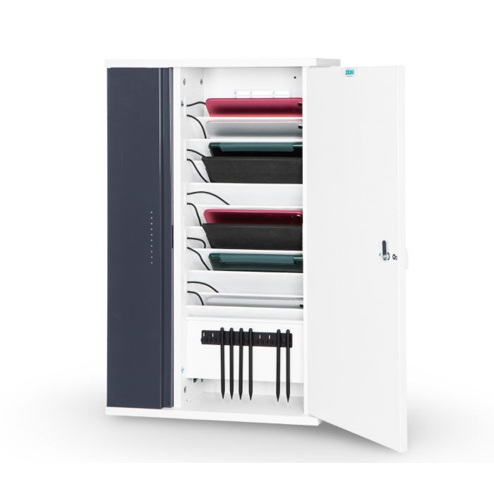 Offener Zioxi iPad-Wandschrank mit USB-C-Ladefächern und Stauraum für Apple Pencils, Frontalansicht auf weißem Hintergrund.
