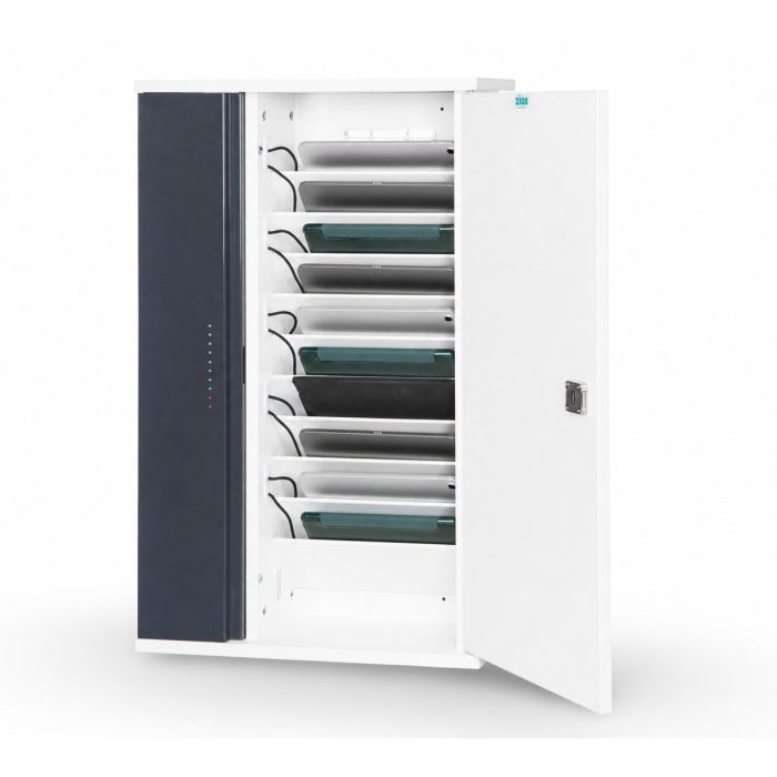 Offener Zioxi USB-C-Wandschrank mit zehn Ladefächern für Tablets und sichtbaren USB-C-Kabeln für effizientes Kabelmanagement.