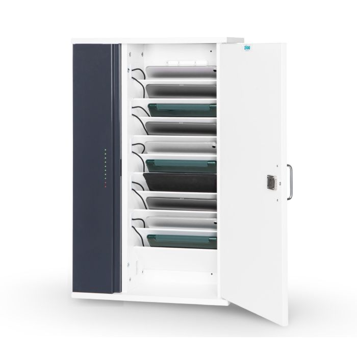 Offener Zioxi OnView Wandschrank mit zehn Ladefächern für Tablets und sichtbaren USB-C-Kabeln.
