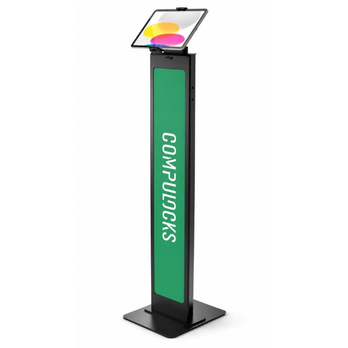 Seitenansicht des Compulocks BrandMe Cling-Bodenständers mit angebrachtem Tablet und grüner Seite mit Logo.