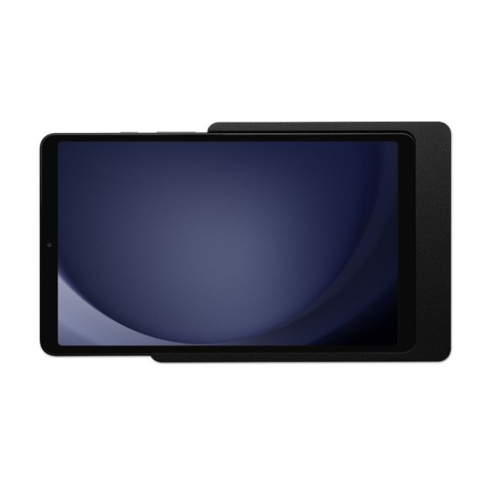 Nahaufnahme der Wandhalterung Displine Companion Wall Home mit Samsung Galaxy Tab A11, schwarz, mit Fokus auf die Textur und das Finish.