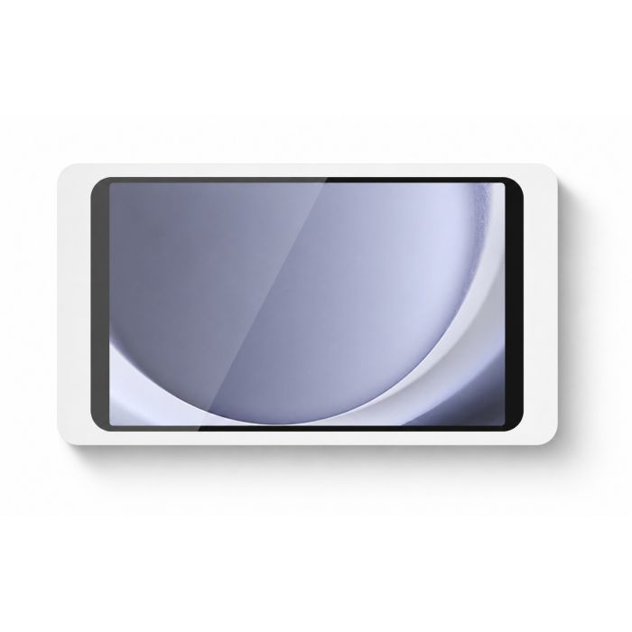Bovenaanzicht van de Displine Companion Wall 2.0 wandhouder met Samsung Galaxy Tab A9, met een minimalistisch ontwerp in wit.