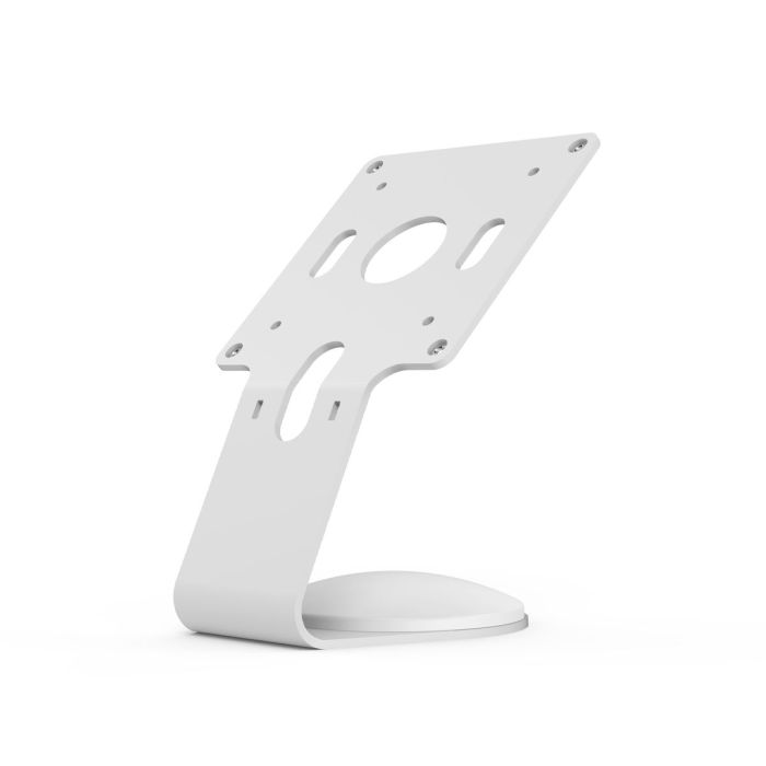 Seitenansicht des Compulocks Core VESA-Tischhalters in Weiß, mit klaren Befestigungslöchern und einer stabilen Basis.