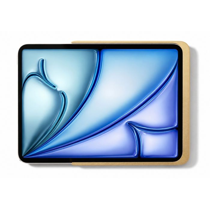 Draufsicht auf die Displine Dame Wall Home 2.0-Wandhalterung mit iPad Air 11 Zoll im Einsatz mit goldenem Finish.