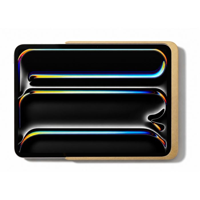 Draufsicht auf den Wandhalter Displine Dame Wall Home 2.0 mit iPad Pro 11 Zoll, sichtbar in elegantem Gold-Finish.