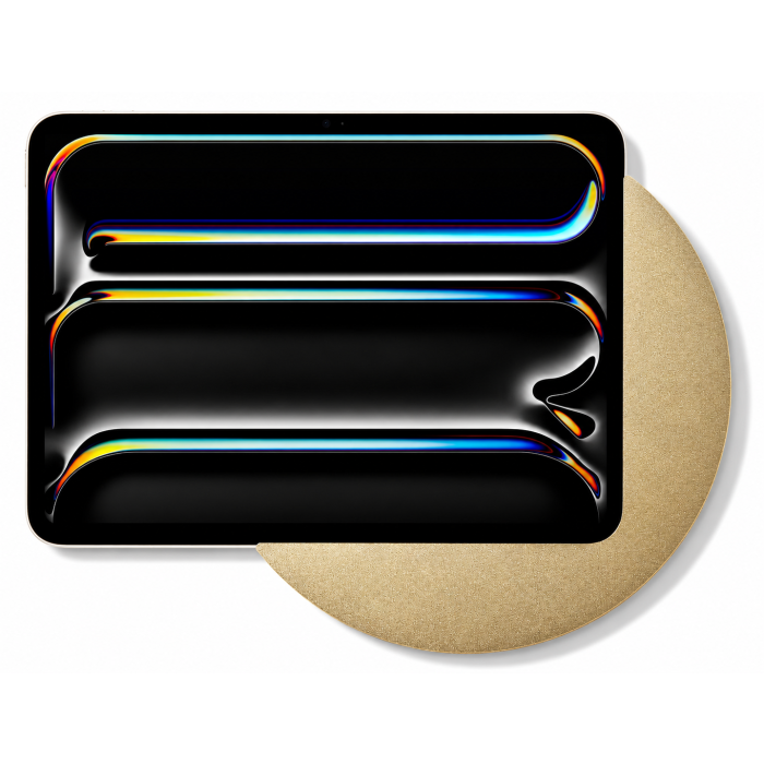 Detailansicht des Displine Sunset Wandhalters mit sichtbarem iPad Pro 11 Zoll, goldfarbener Basis.