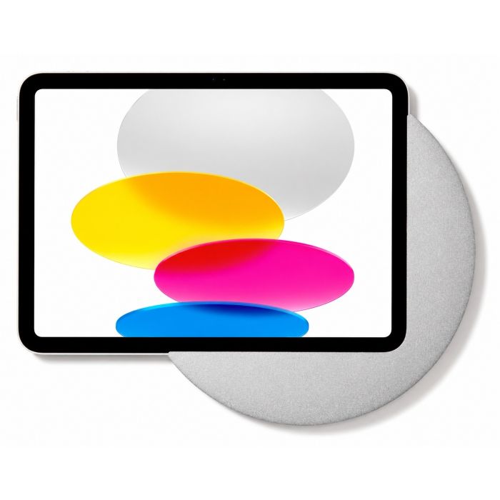 Detailaufnahme des Displine Sunset Wandhalters mit iPad 11 Zoll, mit buntem Hintergrund und Titan-Finish.