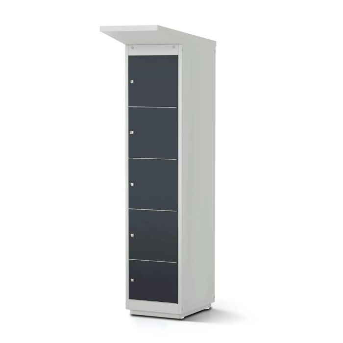 Seitenansicht des Lockeel Fahrrad-Akkuladeschranks mit vier Fächern und Schlüsselschloss.