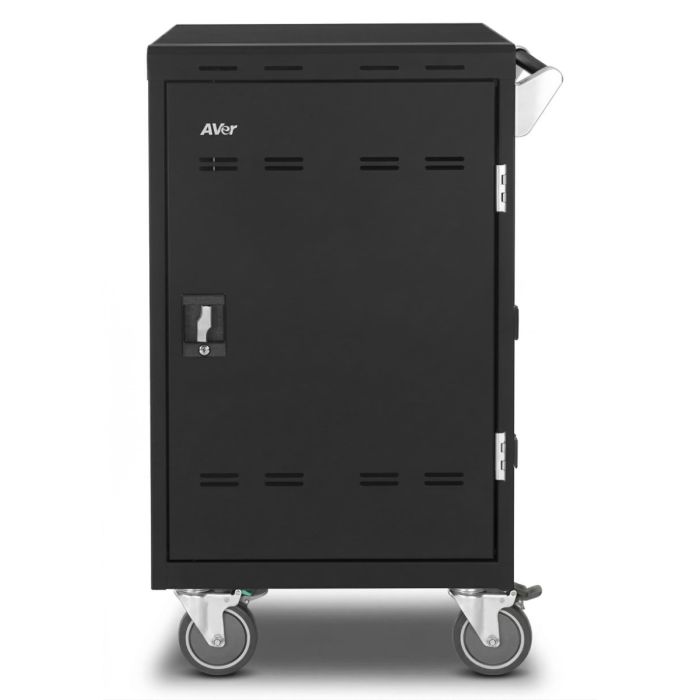 Seitenansicht des AVer E32C+ AC-Laptop-Ladewagens mit sichtbaren Rädern und einem digitalen Verriegelungsmechanismus.