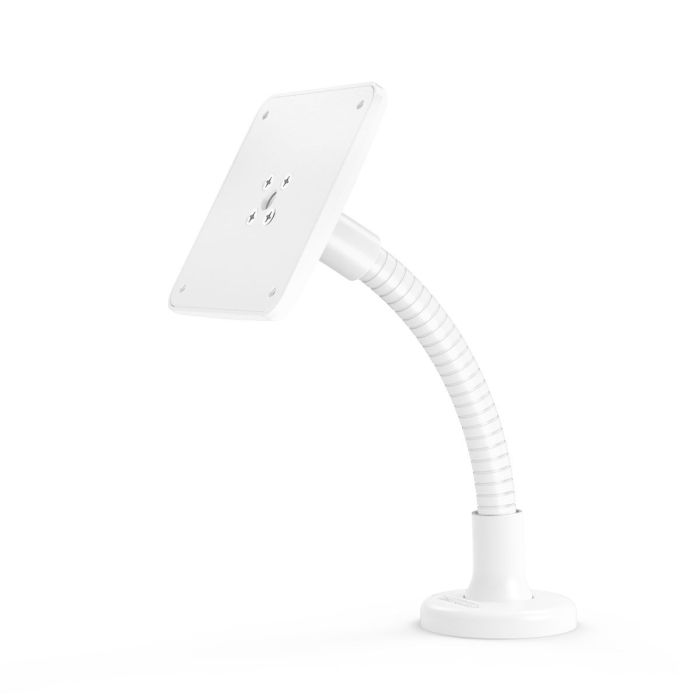 Seitenansicht des Compulocks Flex VESA Tischhalters in Weiß mit flexiblem Arm.