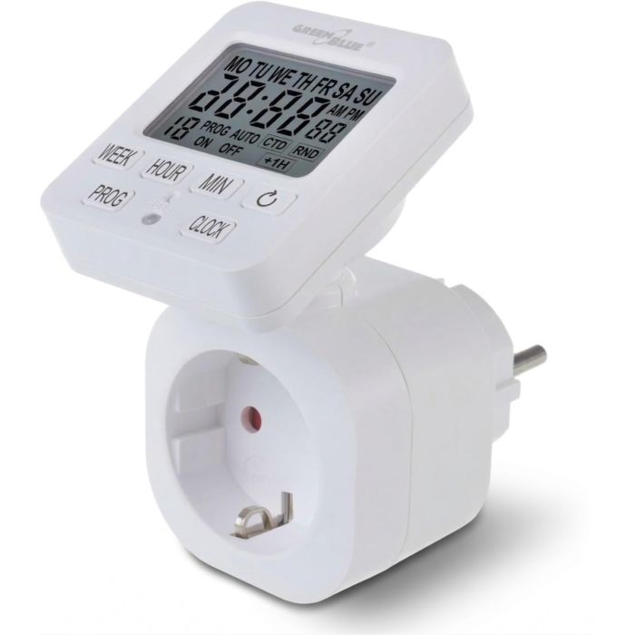 Nahaufnahme des digitalen Wochentimers GreenBlue mit gut sichtbarem Display und Tasten zur Programmierung.