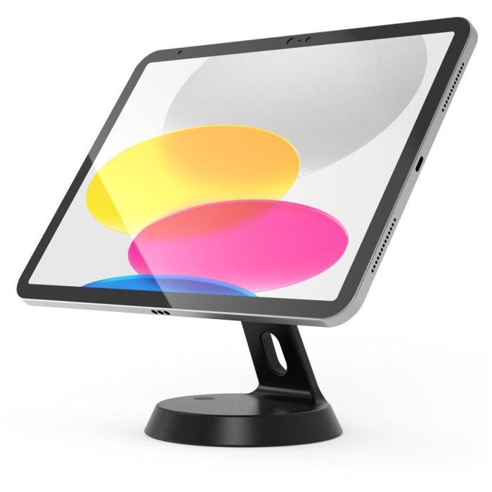 Seitenansicht des Compulocks GlideTab Tischständers in Schwarz, mit einem Tablet im Einsatz auf einem modernen Hintergrund.