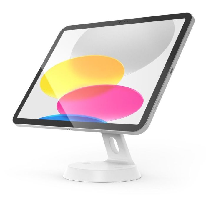 Schrägansicht des Compulocks GlideTab Tischständers in Weiß, mit montiertem Tablet und farbigem Hintergrund.