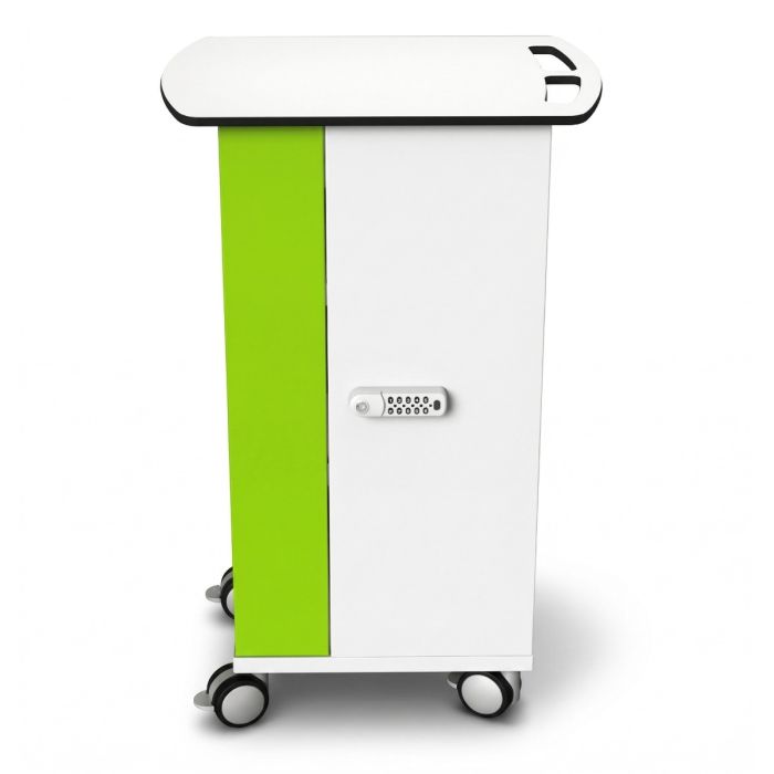 Seitenansicht des Zioxi iPad-Ladewagens mit digitalem Codeschloss und grün-weißer Oberfläche.