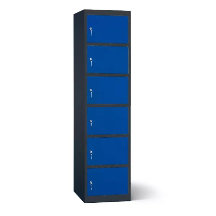 Seitenansicht des Lockeel-Batterieladeschranks mit sechs Fächern und Schlüsselschloss, mit geschlossenen Türen in blauer Lackierung.