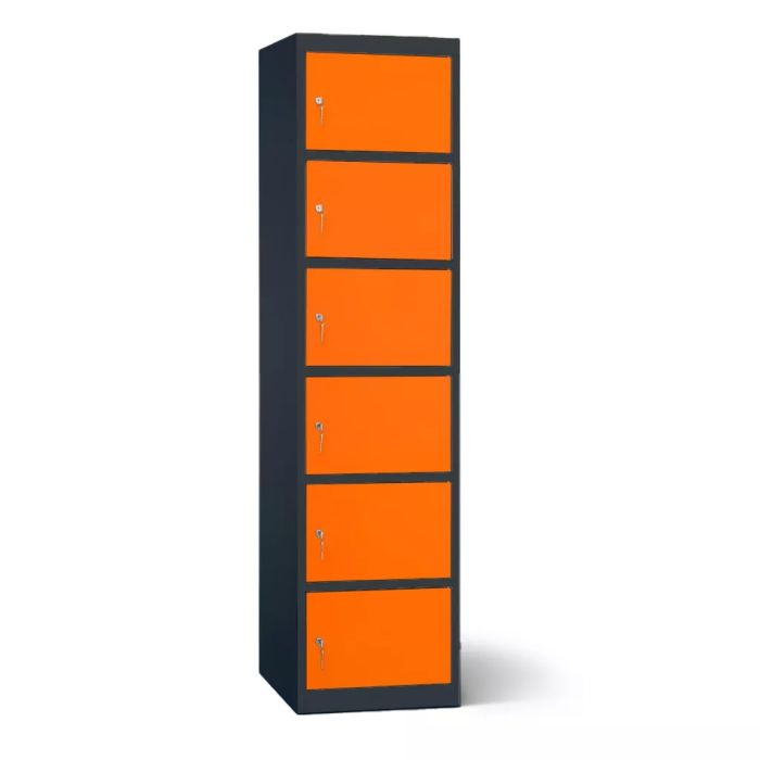 Seitenansicht des Lockeel-Batterieladeschranks mit 6 Fächern und Schlüsselschloss, mit auffälligen orangefarbenen Türen.