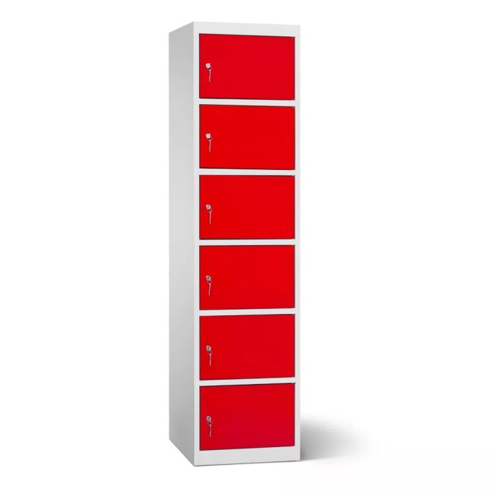 Seitenansicht des Lockeel-Batterieladeschranks mit sechs roten Fächern und Schlüsselschlössern.