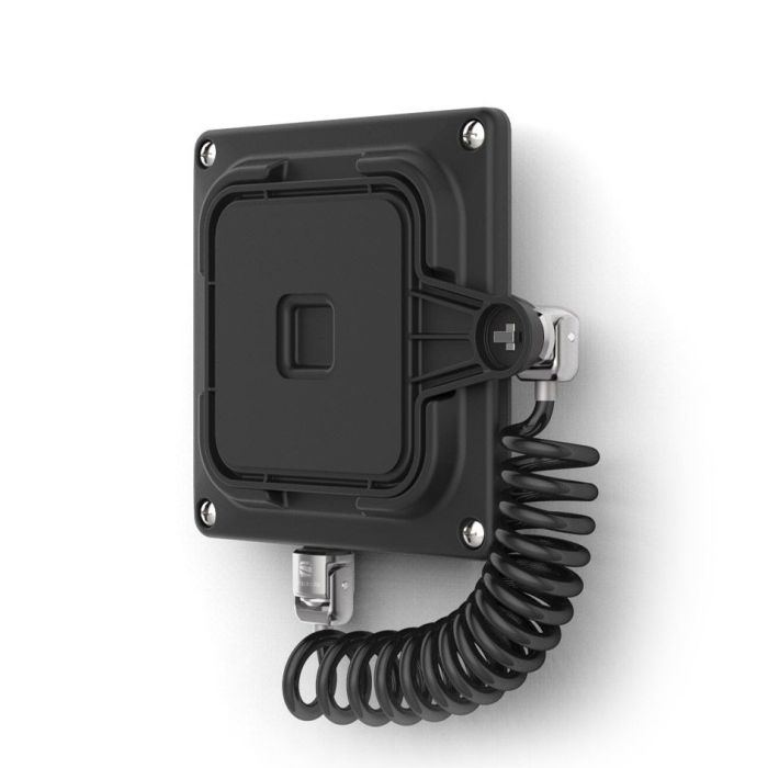 Seitenansicht des Compulocks Magnetix Tablet-Wandhalters mit Spiralkabel für einen ordentlichen Abschluss.