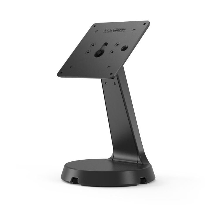 Seitenansicht des schwarzen Compulocks Mast VESA-Tischständers mit stabiler Basis und Montageplatte.