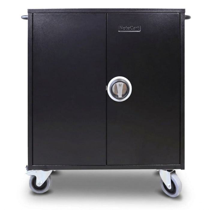 Vorderansicht des LEBA NoteCart Flex Extended 24 AC Ladewagens mit geschlossener Bauweise und Tastensperre.