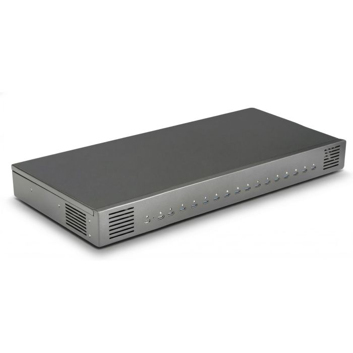 Seitenansicht des Torvik OLH-16 USB-C-Ladehubs mit 16 Anschlüssen, sichtbar in modernem Finish.