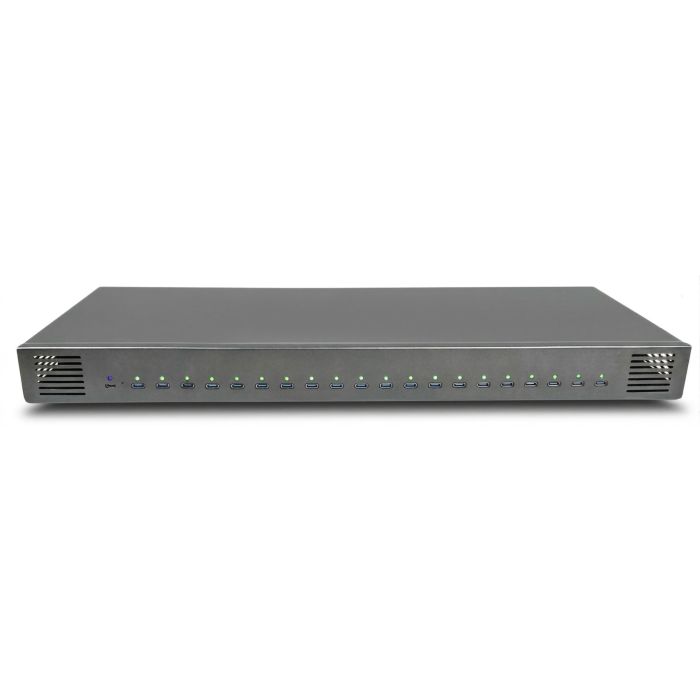 Vorderansicht des Torvik OLH-20 USB-C-Ladehubs mit 20 Anschlüssen und LED-Anzeigen.
