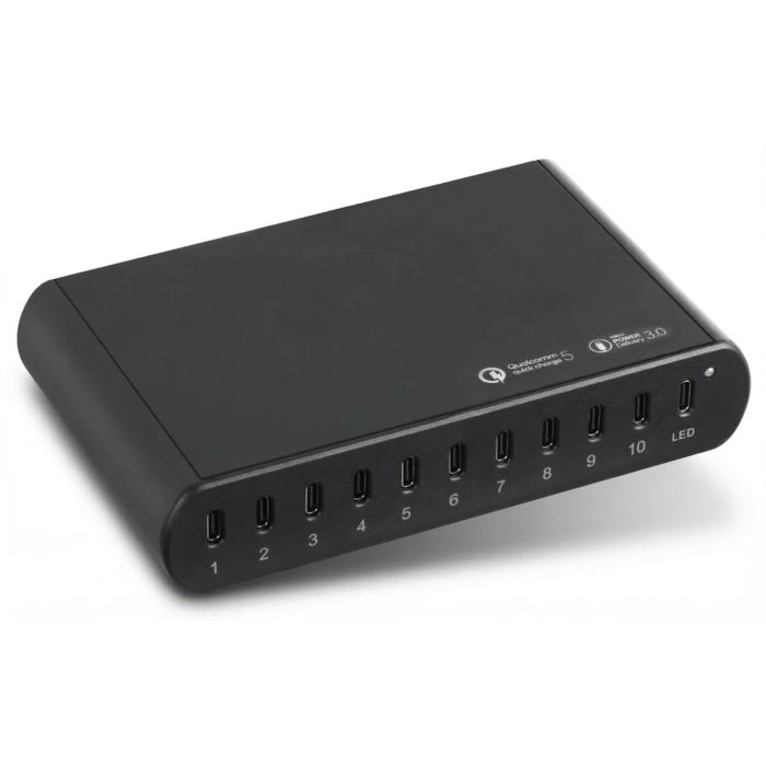 Seitenansicht des Torvik OLH-10 USB-C-Ladehubs mit 10 Anschlüssen und LED-Anzeige.