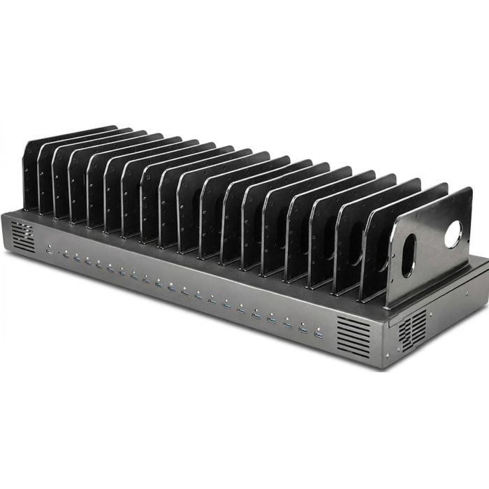 Seitenansicht der Torvik OLS-20 Ladestation mit 20 USB-C-Anschlüssen und offenen Fächern für Geräte.