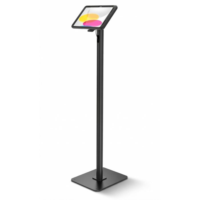 Seitenansicht des Compulocks Swift PowerMove Bodenständers für iPad 11 Zoll, schwarz, mit einem Tablet im Einsatz.