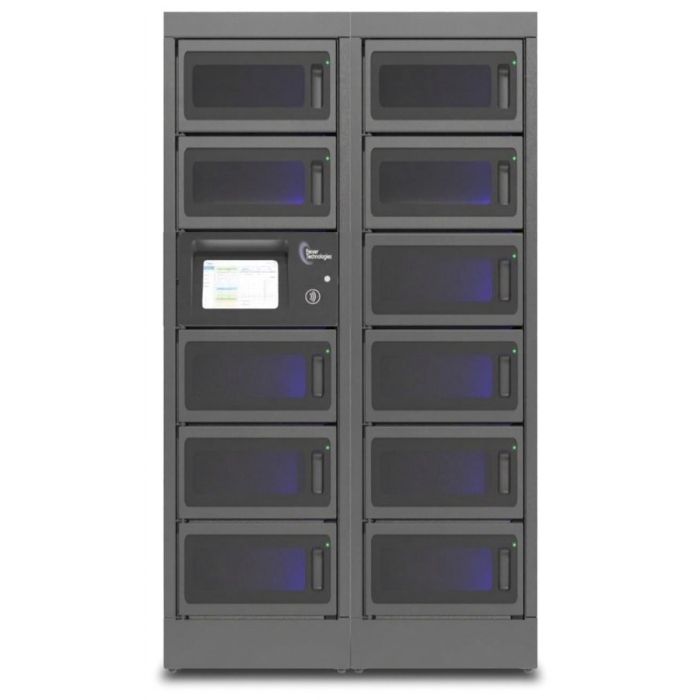 Vorderansicht des modularen Ladeschranks von Power Technologies mit 11 großen Fächern und Bedienfeld.
