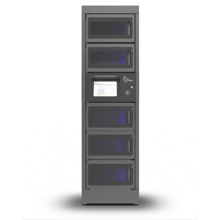 Vorderansicht des modularen Ladeschranks PT-PRO-5 von Power Technologies mit fünf großen Fächern und Kontrollbildschirm.