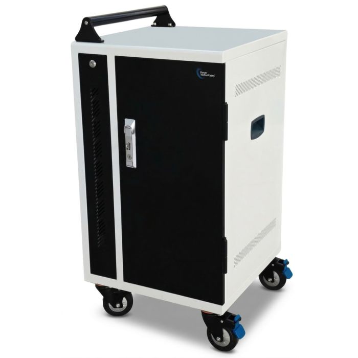 Seitenansicht des Power Technologies PT-VERT-15 AC-Ladewagens mit geschlossener Tür und sichtbarem Griff.