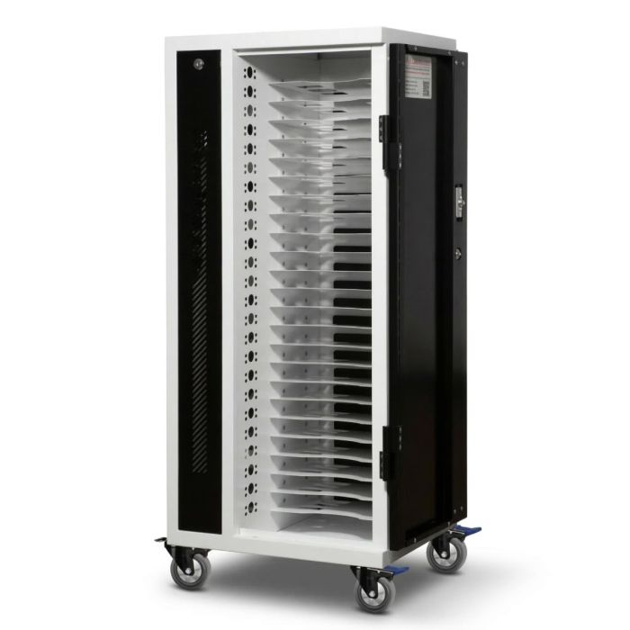 Seitenansicht des Power Technologies PT-VERT-GLIDE-24 USB-C-Ladewagens mit offenen Fächern für 24 Laptops.