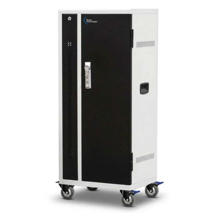 Seitenansicht des Power Technologies PT-VERT-GLIDE-24 AC-Ladewagens mit geschlossener Tür und Rädern für Mobilität.