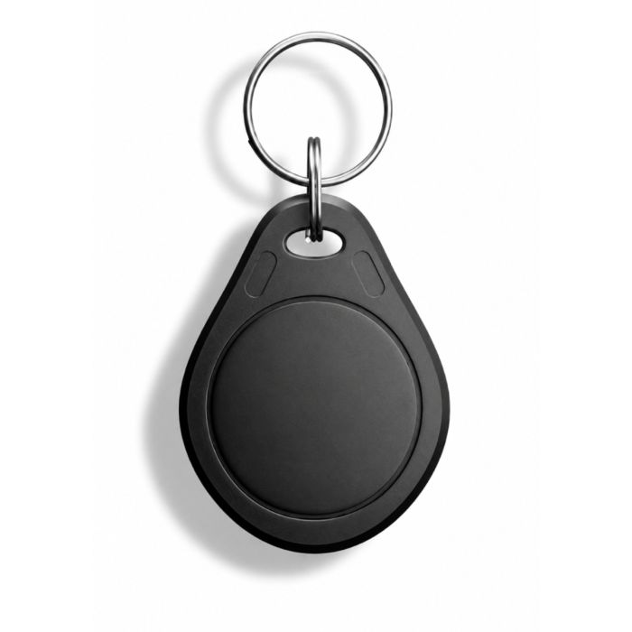Draufsicht auf den Scolio RFID-Schlüsselanhänger mit schwarzem Finish und Metallring.