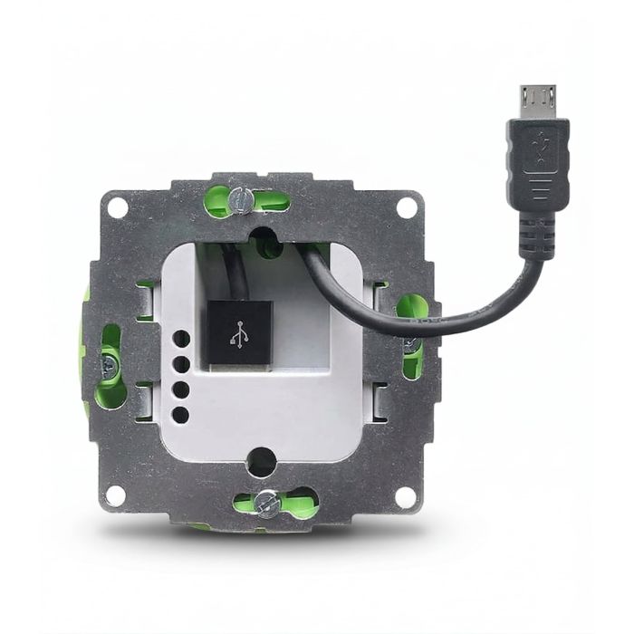 Rückansicht des sCharge USB-A-Einbaunetzteils mit sichtbarem Micro-USB-Kabel und Reset-Taste.