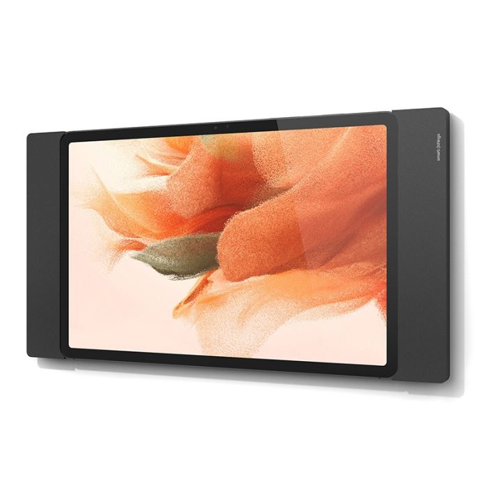 Schwarzer Smart Things sDock Fix Wandhalter mit Samsung Galaxy Tab S11, an der Wand montiert mit klarer Sicht auf den Bildschirm.
