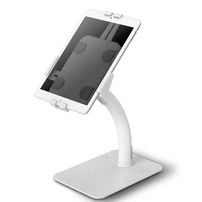 Seitenansicht des diebstahlsicheren Tischständers Scolio mit Tablet, gut sichtbar mit Kabelmanagement und stabilem Standfuß.