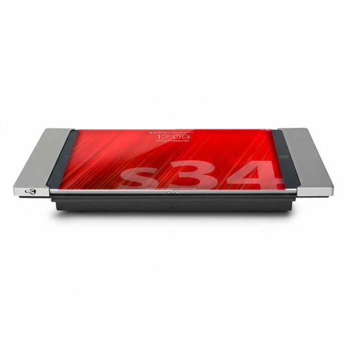 Seitenansicht des Smart Things sDock Fix Tischständers für iPad Air 13 Zoll mit silberner Oberfläche.